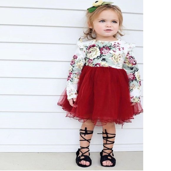 Burgundy Fall Long Sleeve Thanksgiving Dress Girl Outfit Clothes Dress - Picture 3 of 11